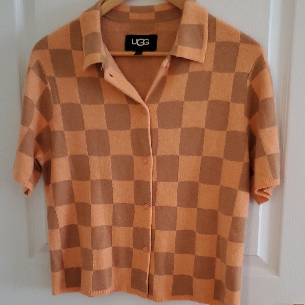 UGG Tan and Brown Checkered Bottondown Sweater